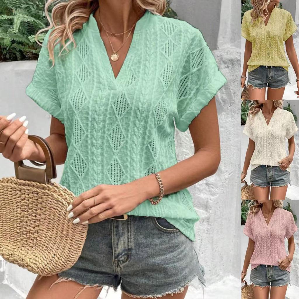 Καλοκαιρινό γυναικείο πουκάμισο Casual Hollow Jacquard V γιακά Φαρδύ κοντομάνικο