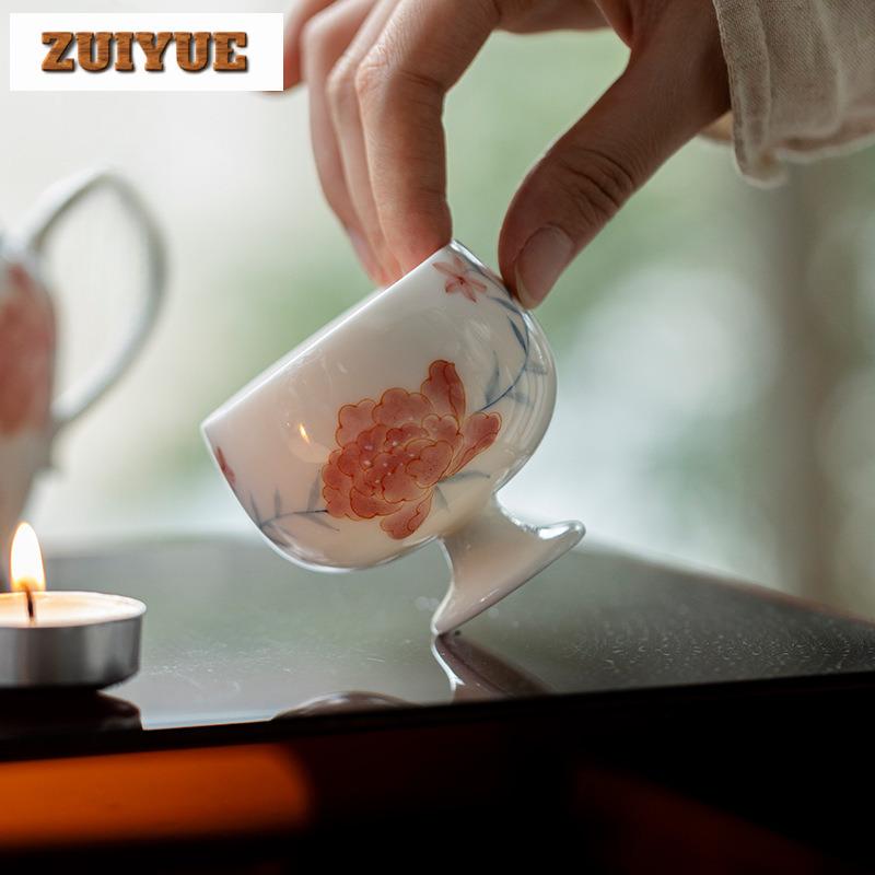 90ml Hand Drawn Peony Flower Teacup Arita Porcelain High Footed Tea Bowl Master Cup Meditation Cup Coffee Mug Tea Ceremony Gift