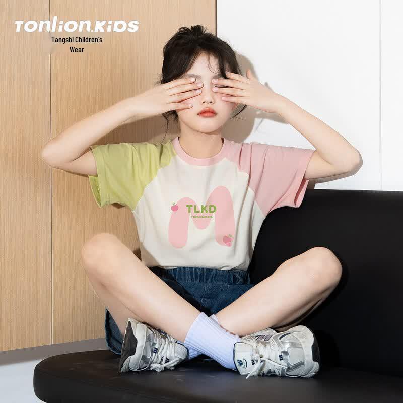 Tangshi Girls Cartoon Raglan Short Sleeve T-Shirt 160
