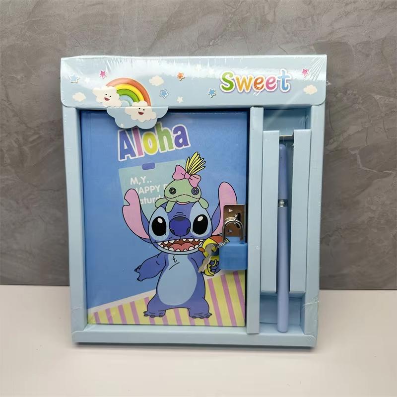 MINISO Cartoon Characters Set with Lock Cute Anime Lilo& Stitch Notebook Combination Hollow Out Hard Box Lock Book Gifts