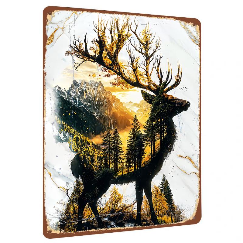 Nature Deer Silhouette Metal Wall Art Mountain Sunset Landscape Home Decor Living Room Art Hanging Ornament 20x30cm（7.8x11.8inch）