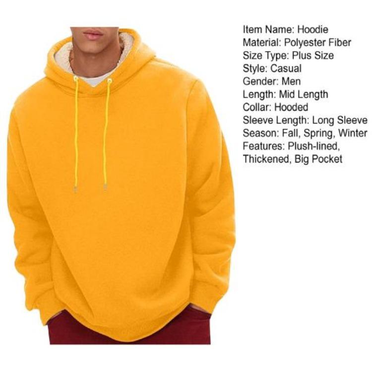 Winter Thermal Hoodie for Men Plush Lined Solid Color Loose Fit Long Sleeve Casual Top with Drawstring and Elastic Cuffs Daily Wear