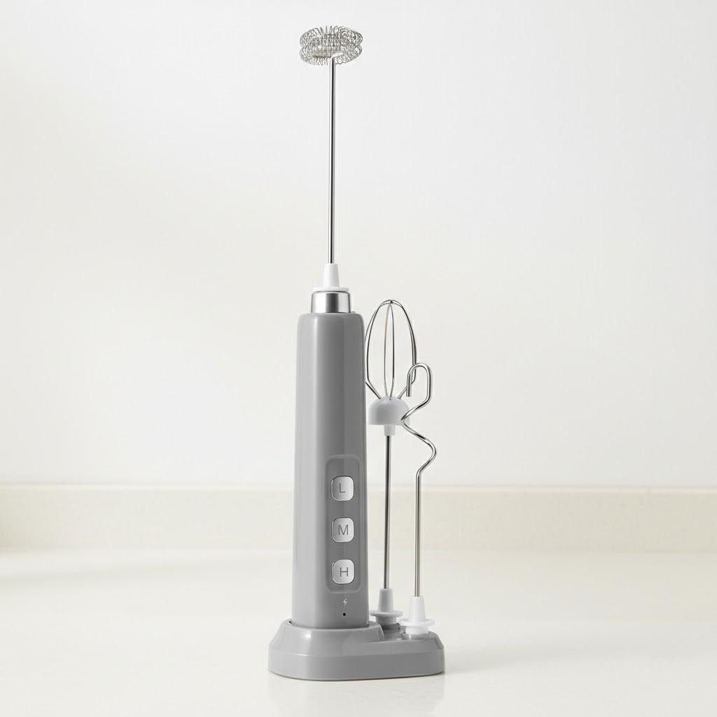 

Handheld USB Rechargeable Milk Frother 3 Speeds Whisking Baking Aid Multifunctional Attachments Electric Milk Foamer серый