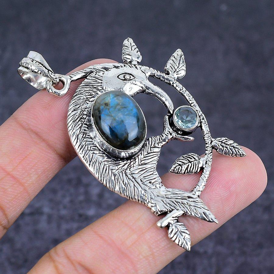 Natürlicher Labradorit, Topas 925 Sterlingsilber Schmuck Anhänger 2.56" M9A32