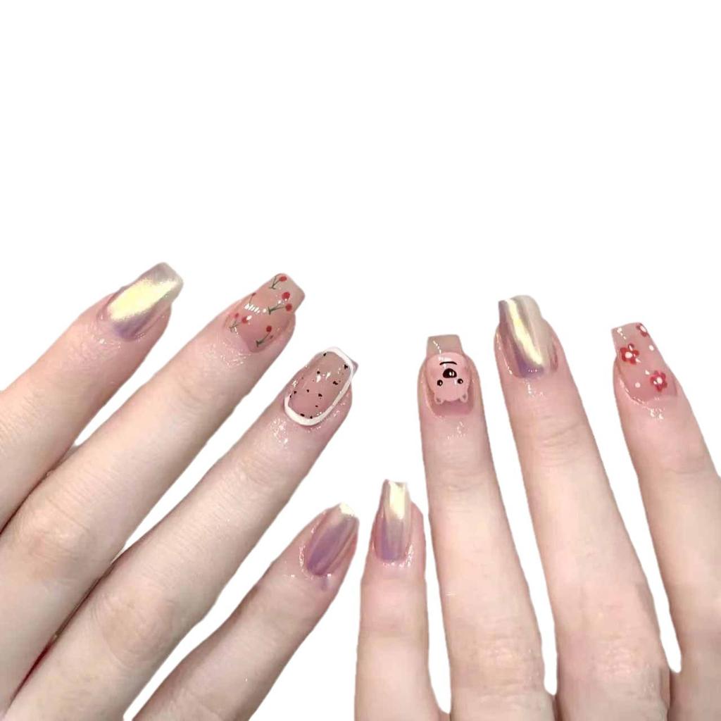Handmade Nail Art Finished Fake Nail Patch Japanese Style Xiaoxiangfeng Hand-painted Pink Cute Bear