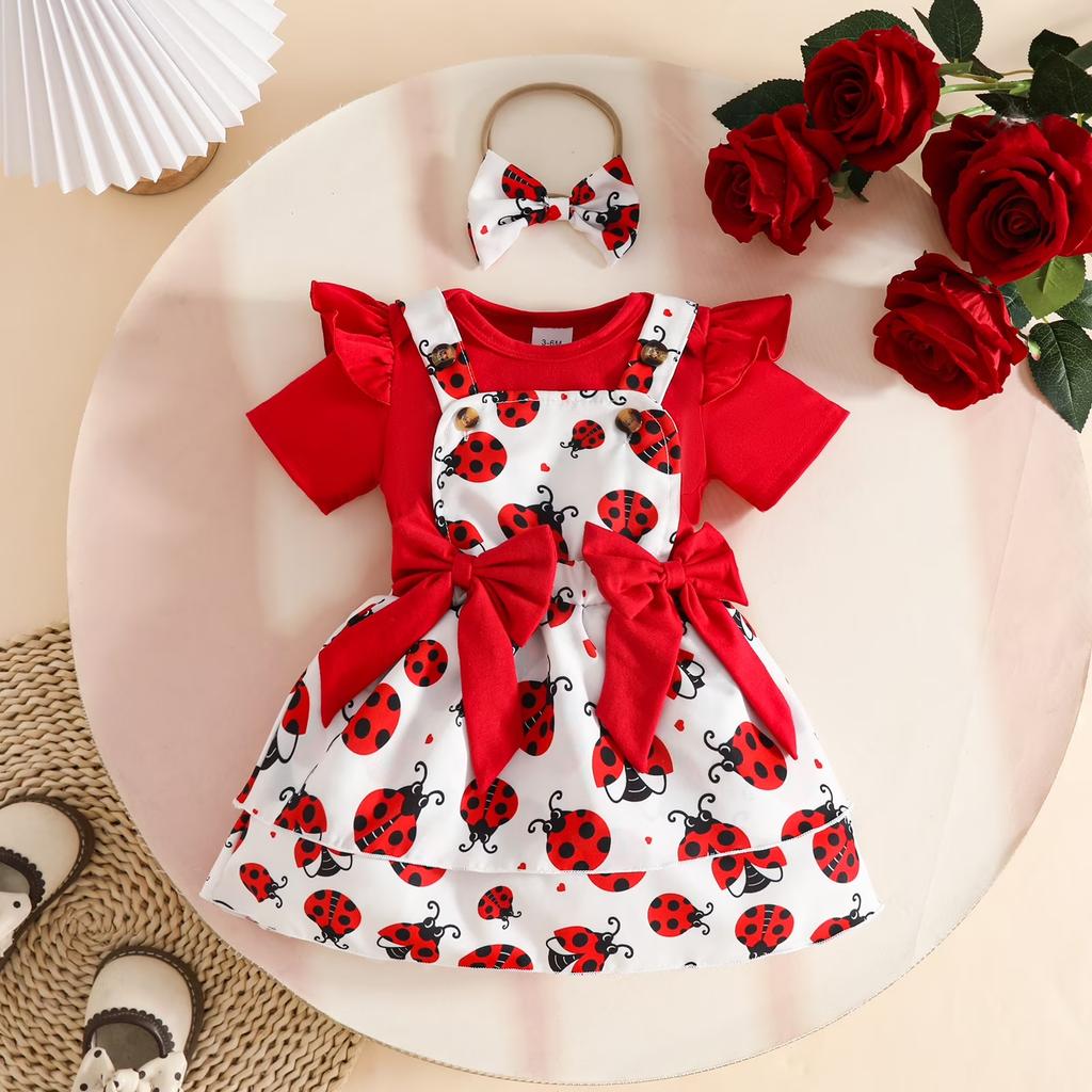 Baby Summer Outfit Set Girl Short Sleeve Bodysuit Romper Ladybug Print Dress with Bowknot Straps and Headband Infant Clothes