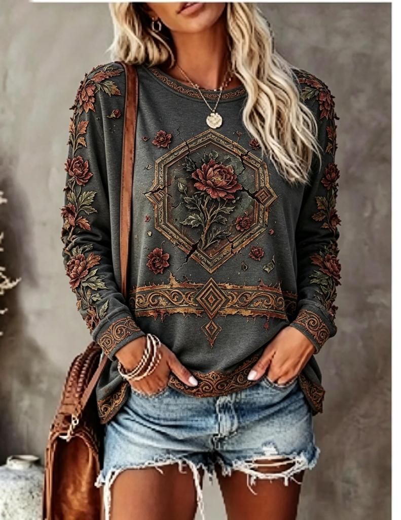 Women Crew Neck Long Sleeve T‑Shirt, Boho Mandala Ethnic Floral Print Casual Loose Pullover Tops