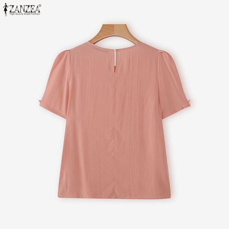 ZANZEA Women Casual Round Neck Solid Color Short Sleeve Blouse