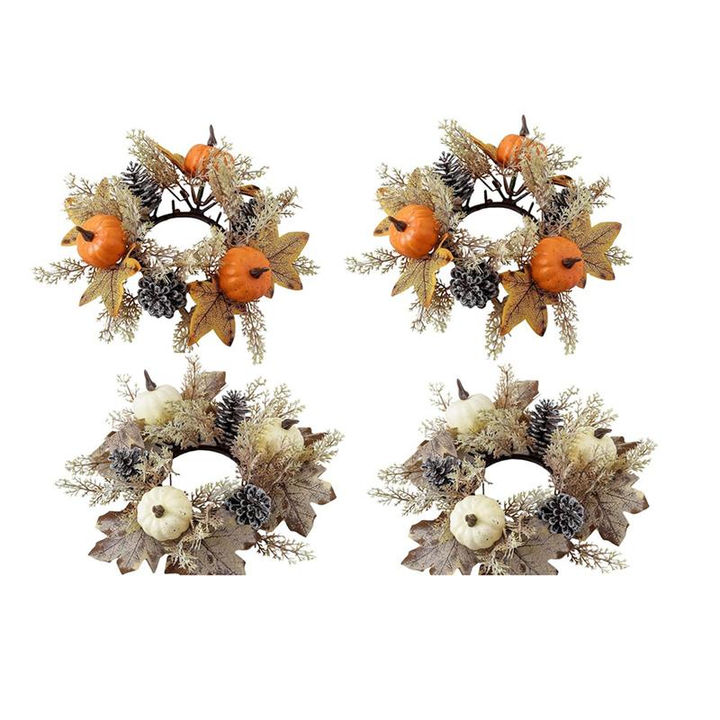 4PCS Christmas Candle Rings Pumpkins Maple Leaves Candle Rings Wreaths Mini Fall Autumn Artificial Candle Rings