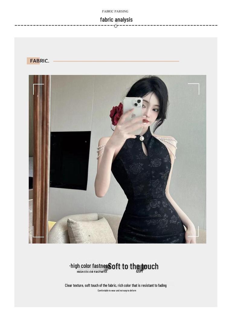 Elegant Off-Shoulder Qipao Evening Gown with Pearl Chain Accents