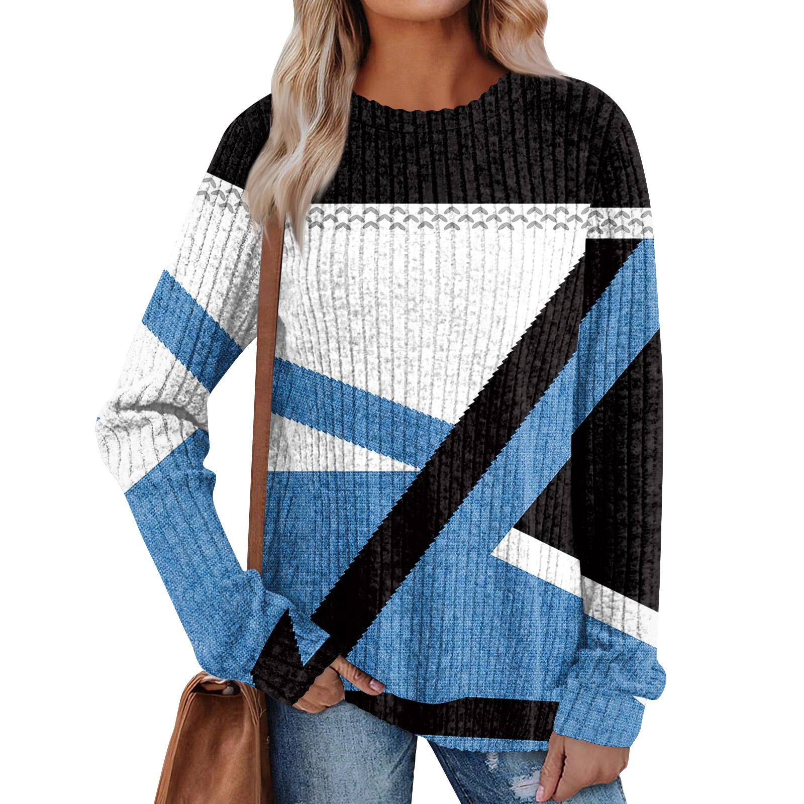 

Women s Winter Color-Block Printed Lightweight Brushed-Cotton Round Neck Top L синій