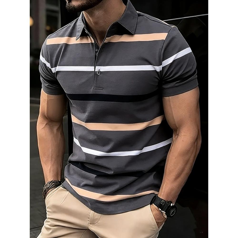 Summer Men's Short Sleeved Polo Shirt 3D Striped Printed Short Sleeved Shirt