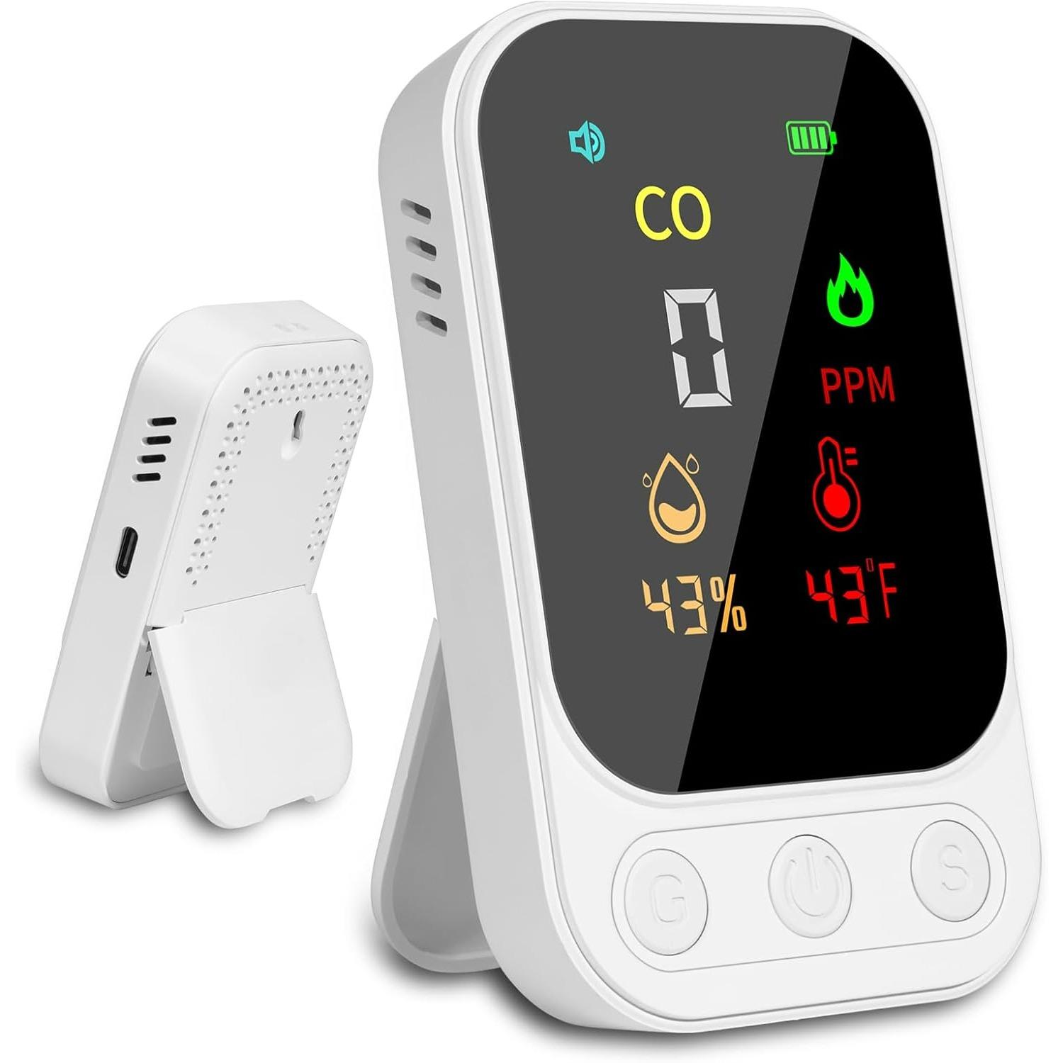 Portable Carbon Monoxide Detector,Rechargeable CO Monitor with LCD Display & Audible Alarm,Real-Time Carbon Monoxide Detector for Travel,Hotel,Camping белый