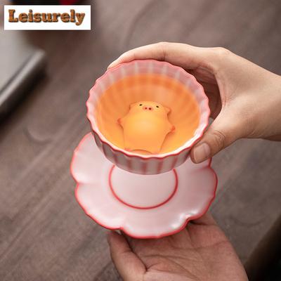 Pink Ru Lard Jelly With Lying Flat Pig Teacup Vintage Tea Bowl Beautiful Tea Cup Tea-tasting Fragrance Cup Jianzhan Master Cups