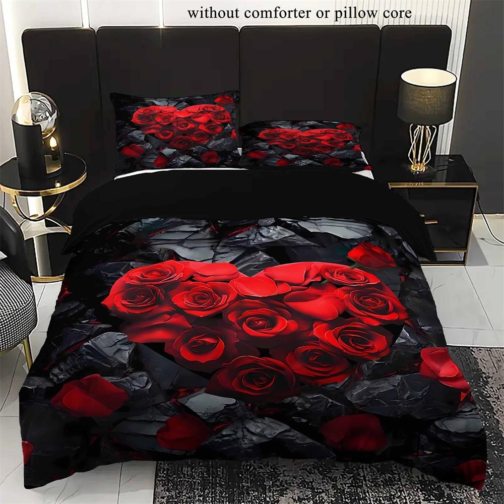 2/3pcs Romantic Love Red Rose Floral Duvet Cover Set (1*Duvet Cover + 1/2*Pillowcases, Without Core), Machine Washable - Perfect