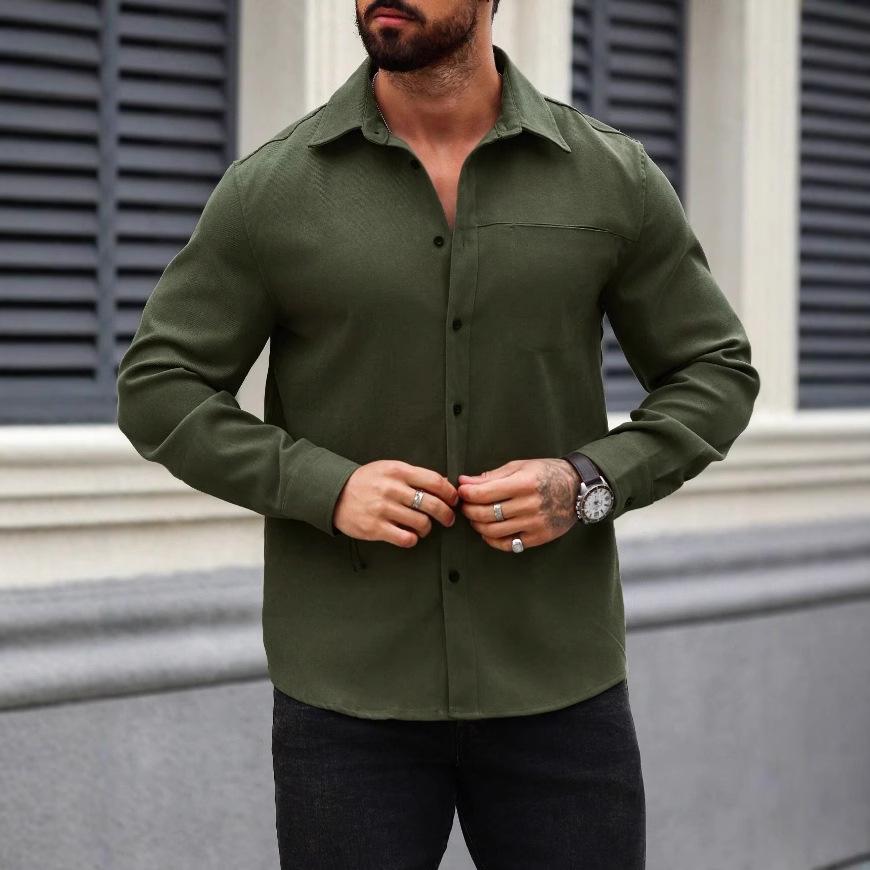 Men European American Solid Color Button Down Long Sleeve Casual Shirt With Pocket
