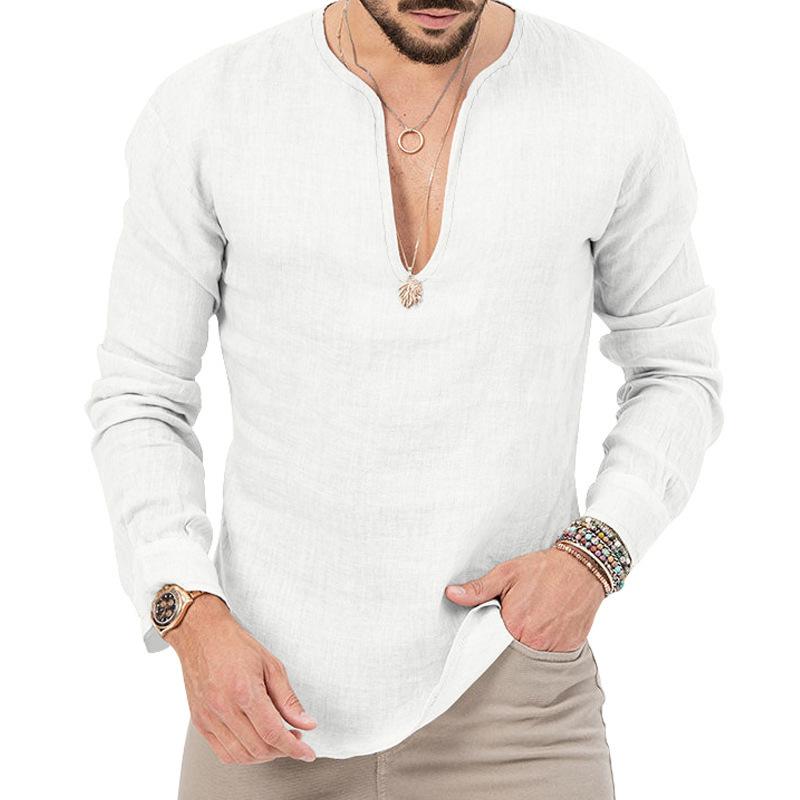 

Мужская повседневная рубашка-henley из смешанного льна с глубоким V-образным вырезом, длинным рукавом, свободного кроя, однотонная S белый