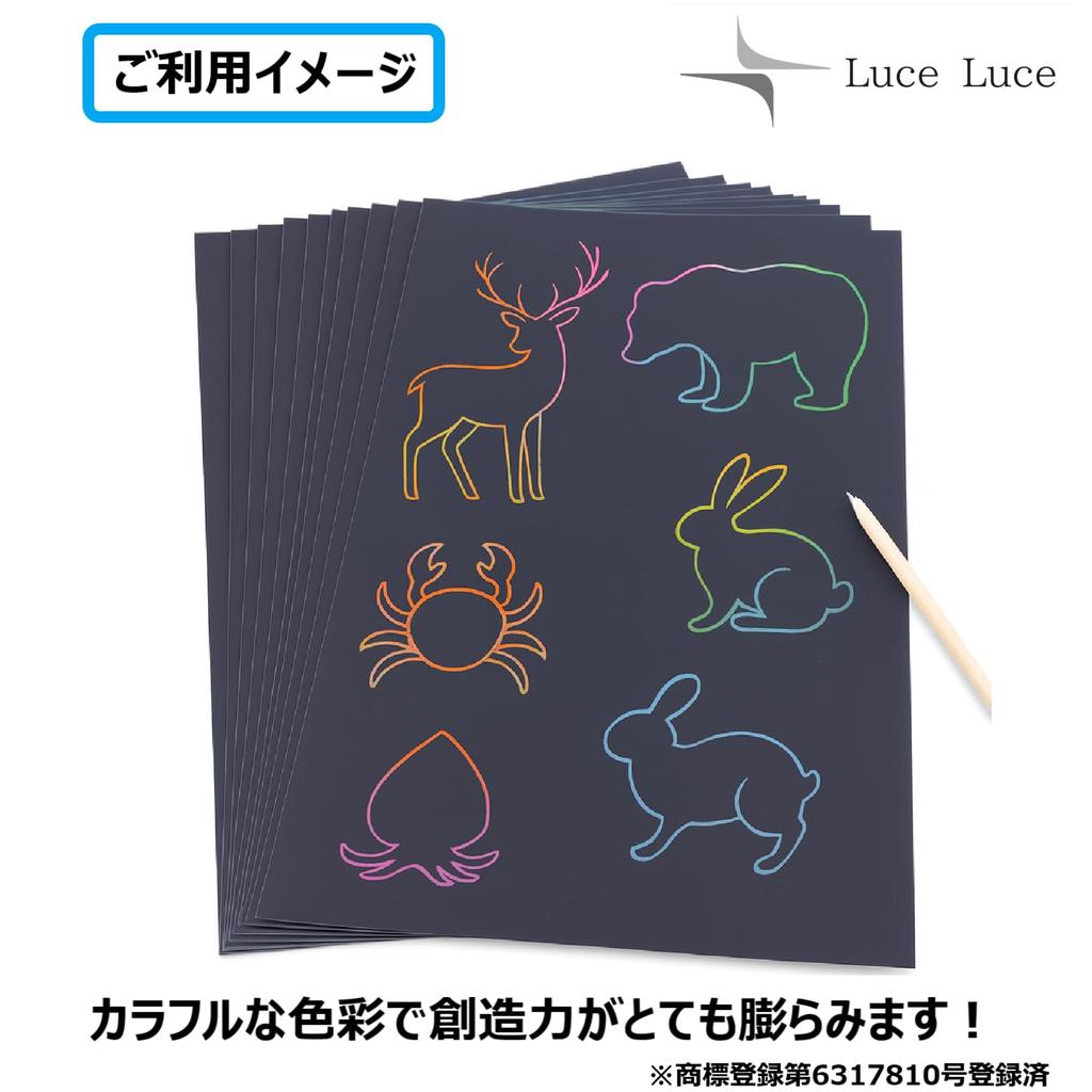 LuceLuce Scratch Art 50 with Bamboo Rainbow Scratch and Craft Kit Paper, Plain, A4, Sheets, Pen, Design, Color