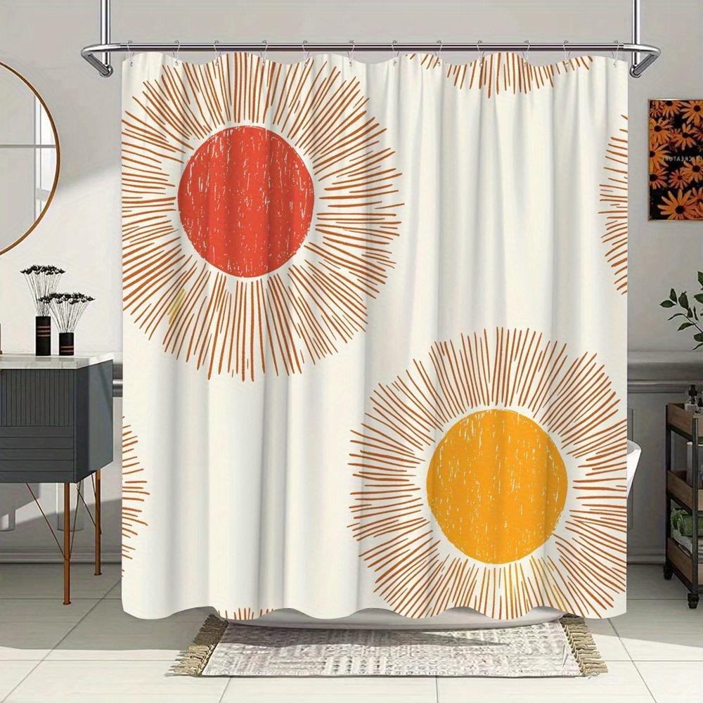 Mid-Century Modern Sunburst Shower Curtain – Cream with Orange & Yellow Radiant Lines, Polyester   for Stylish Bathroom Decor