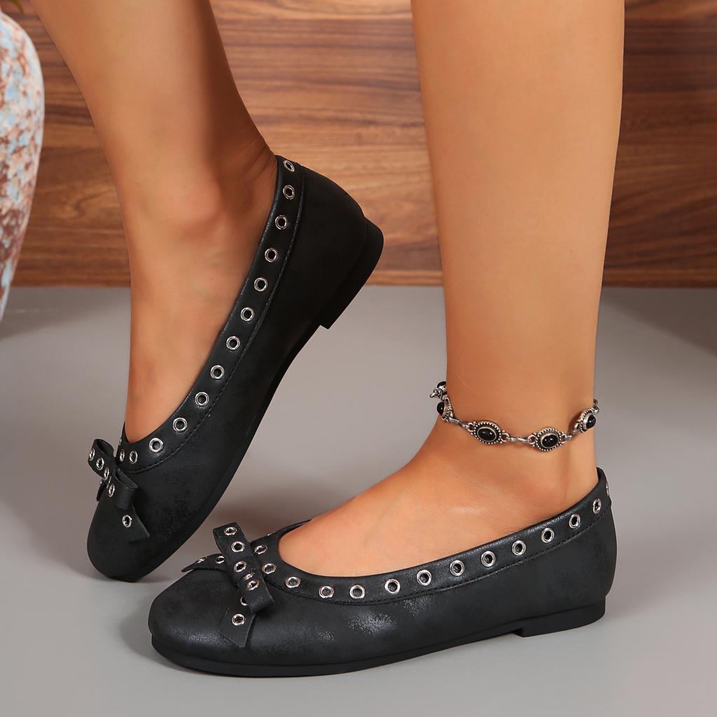 2025 New Women Flats Shoes Round Head Rivet Ballet Loafers Lightweight Mary Jane Single Shoes Summer Bow Flat Sneakers Women