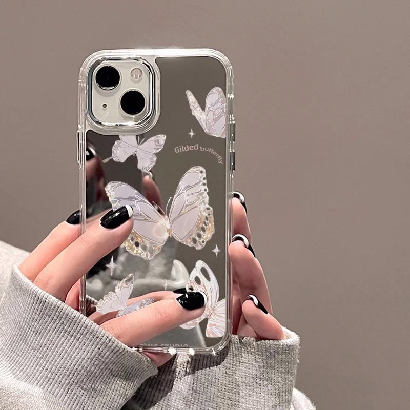 For iPhone 16 Pro 13 Case Luxury Mirror Silver Butterfly Phone Case iPhone 15 14 11 12 Pro Max 16 Plus XR X XS Shockproof Cover