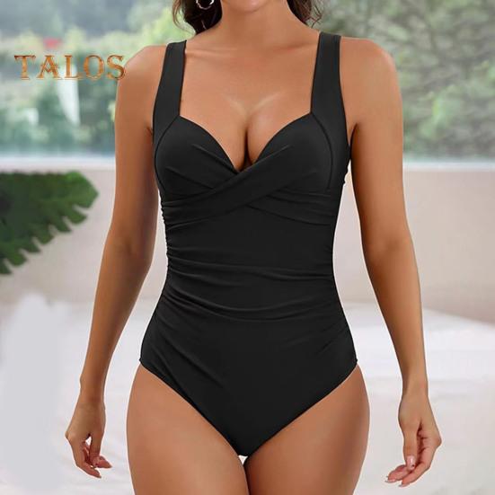 Women Monokini V-Neck Sling Sleeveless One-piece Swimsuit with Adjustable Suspenders Backless High Waist Swimwear