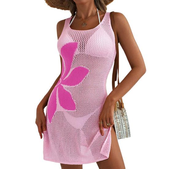 Damen Sommer Strand Häkel Cover-Ups Floral Schlitz Ärmellos Mini Tankkleid Ausgeschnitten