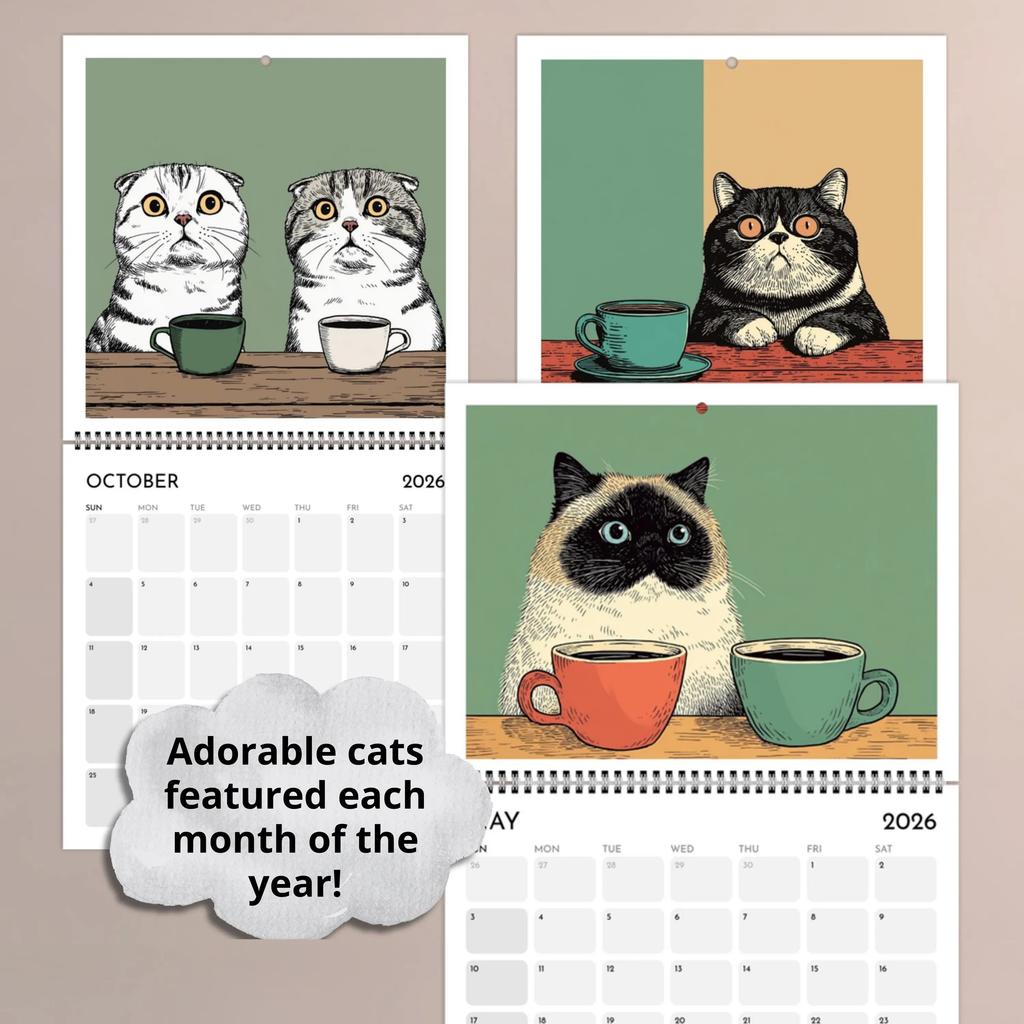 2026 Calendar Hangable Cat Chilling with Coffee Design Family Planner Schedule Organizer Home Office Decor Present Wall Calendar