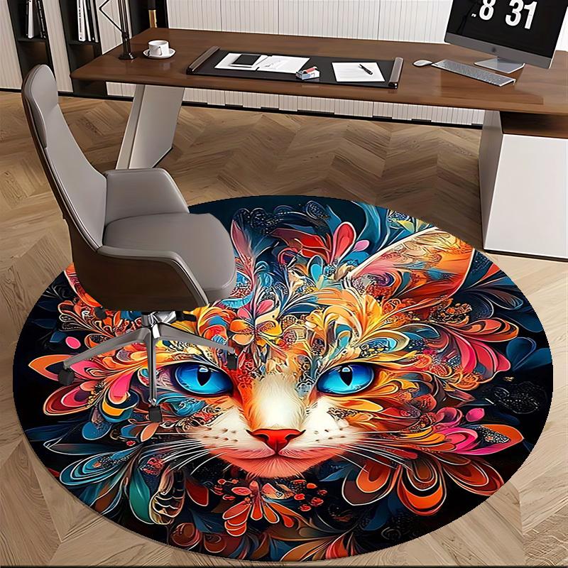 1pc Colorful Floral Cat Round Carpet Office Chair Mat, Anti Slip Rug for Home Decor, Festival Gift, Office, Living Room, Bedroom