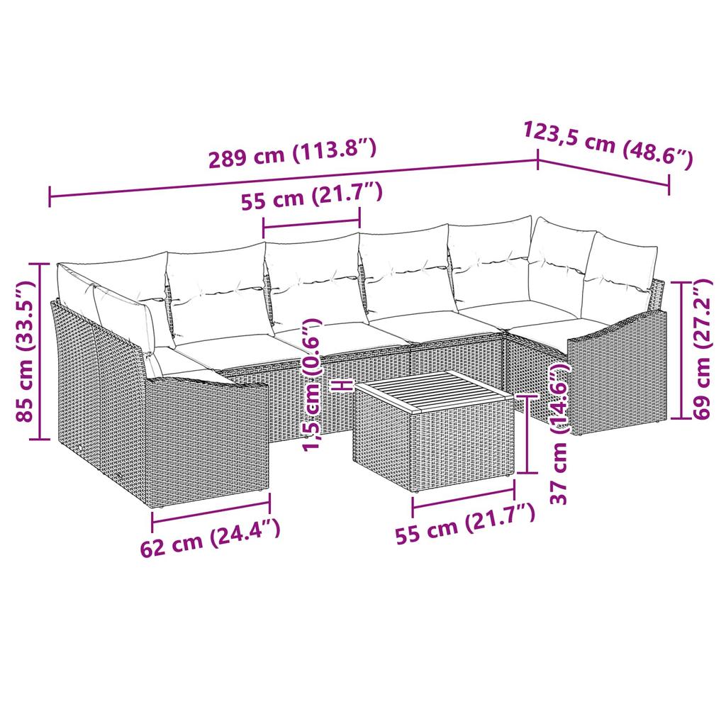 8 Piece Black Garden Sofa Set with Cushions
