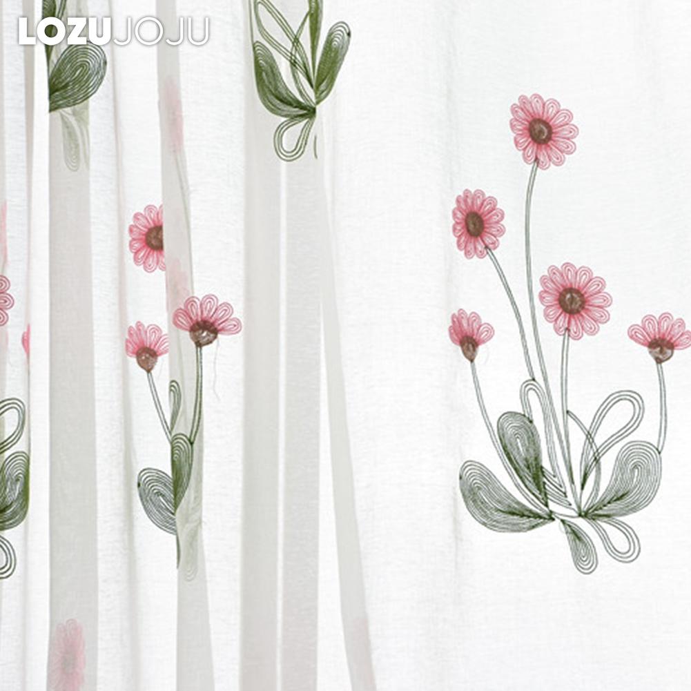 1PC LOZUJOJU 10-20% Blackout Rural Style Cartoon Pink Daisy Embroidered White Sheer Curtain for  Living Room Bedroom Window Decoration Home Decor