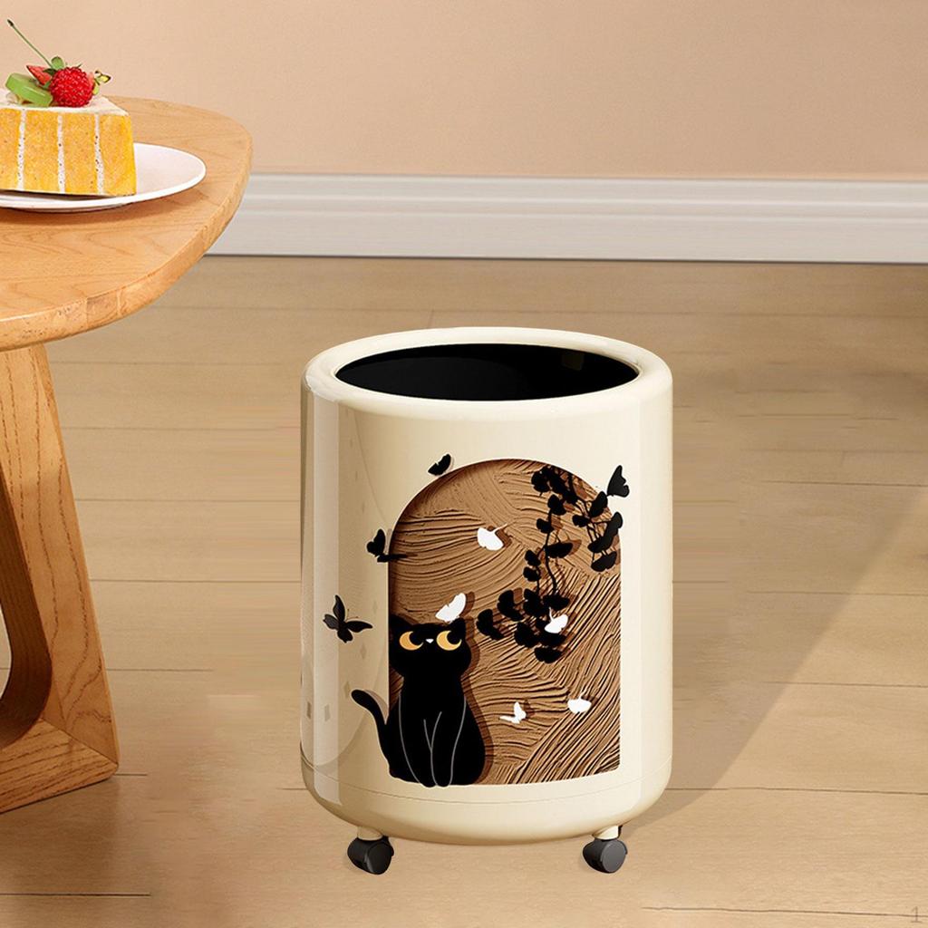 Polka Dot Trash Can Garbage 12L Dustbin with Wheels Uncover Waste Basket Recycling Bin for