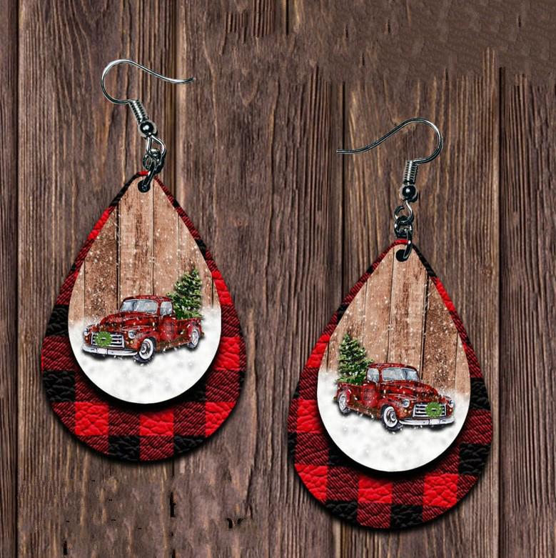 Christmas Tree Leather Teardrop Earrings - Holiday Style