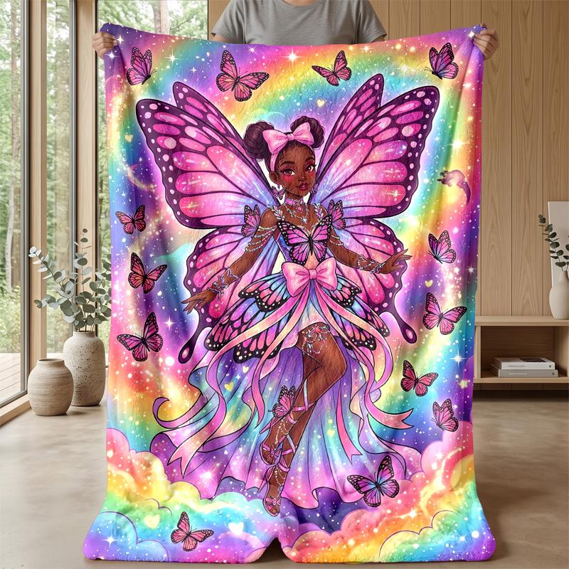 Fairy with Butterflies and Teddy Bears Theme Blanket Lightweight Warm Flannel Blanket Decorative Throw Blanket for Home Decoration