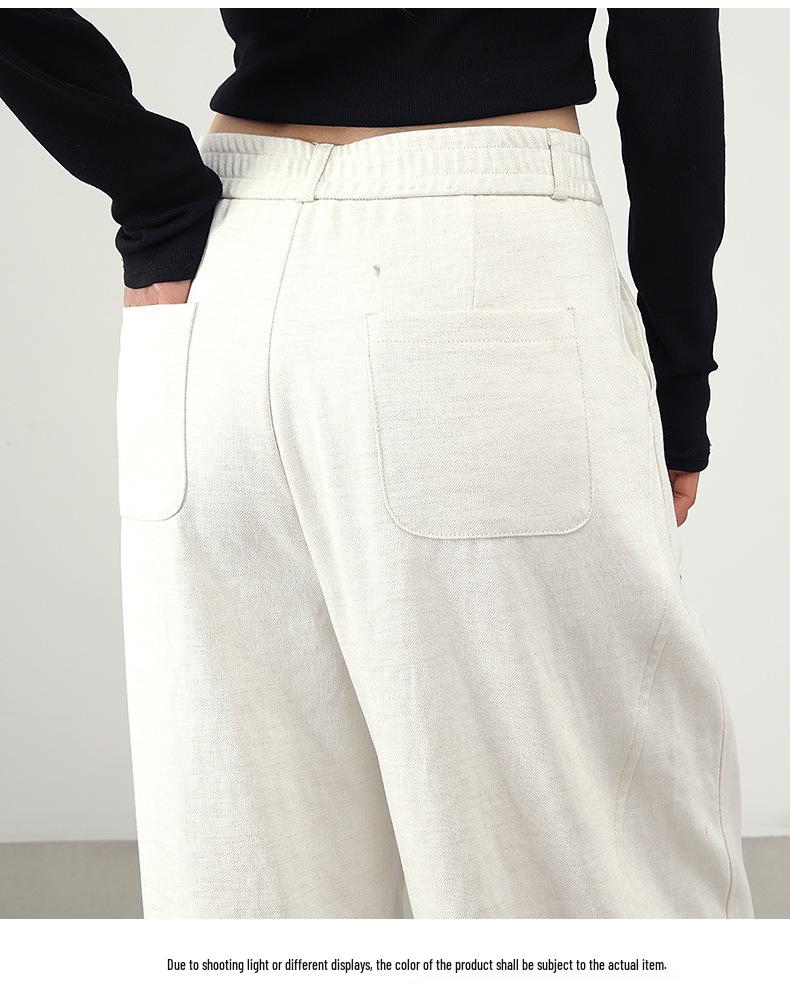 White Linen Loose-Fit Old Money Style Women’s Elastic Waist Wide-Leg Trousers, Casual Spring 2026 Collection