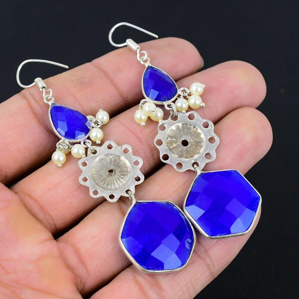 Daughters Day Sale Blue Sapphire Gemstone 925 Sterling Silver Dangling Earrings