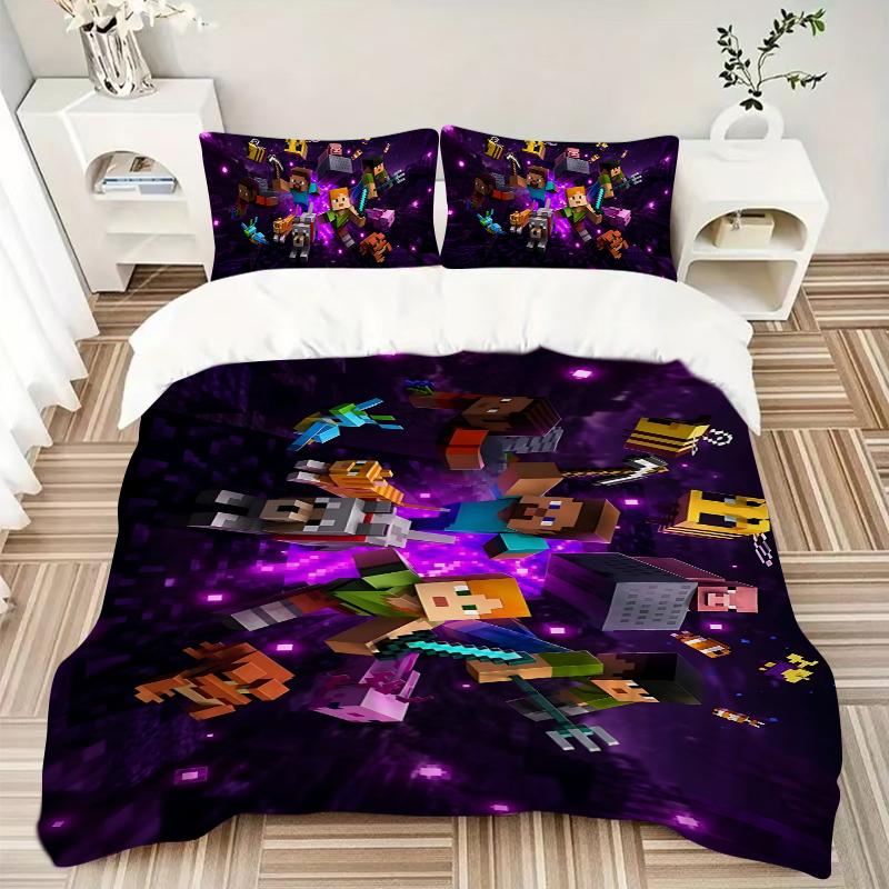 Minecraft End Dimension Adventure Printed 3pcs Bedding Set Soft Microfiber 1 Duvet Cover And 2 Pillowcases Home Bedroom Decor Xmas Gift Ek114