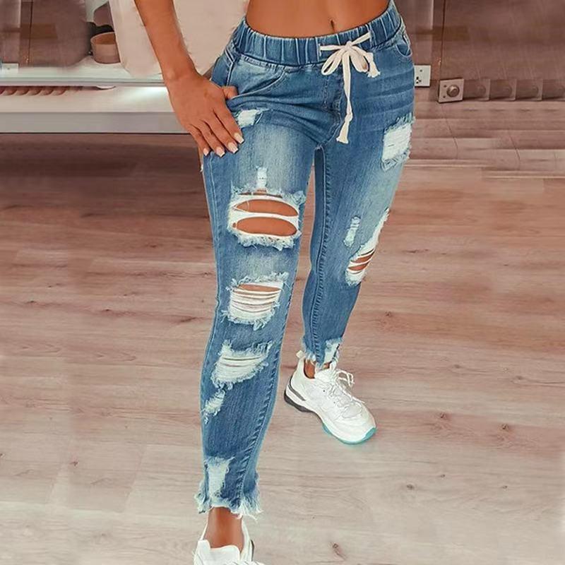 High Waist Distressed Drawstring Stretch Denim Jeans Women Slim Fit Casual Trousers
