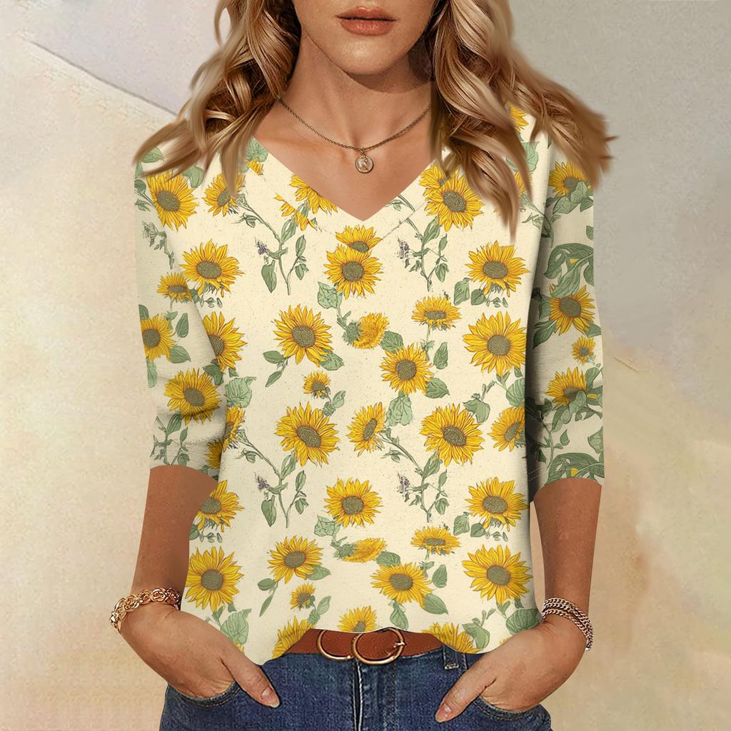 Women's Fashionable Casual V-Neck Three-Quarter Sleeve Printed T-Shirt Top