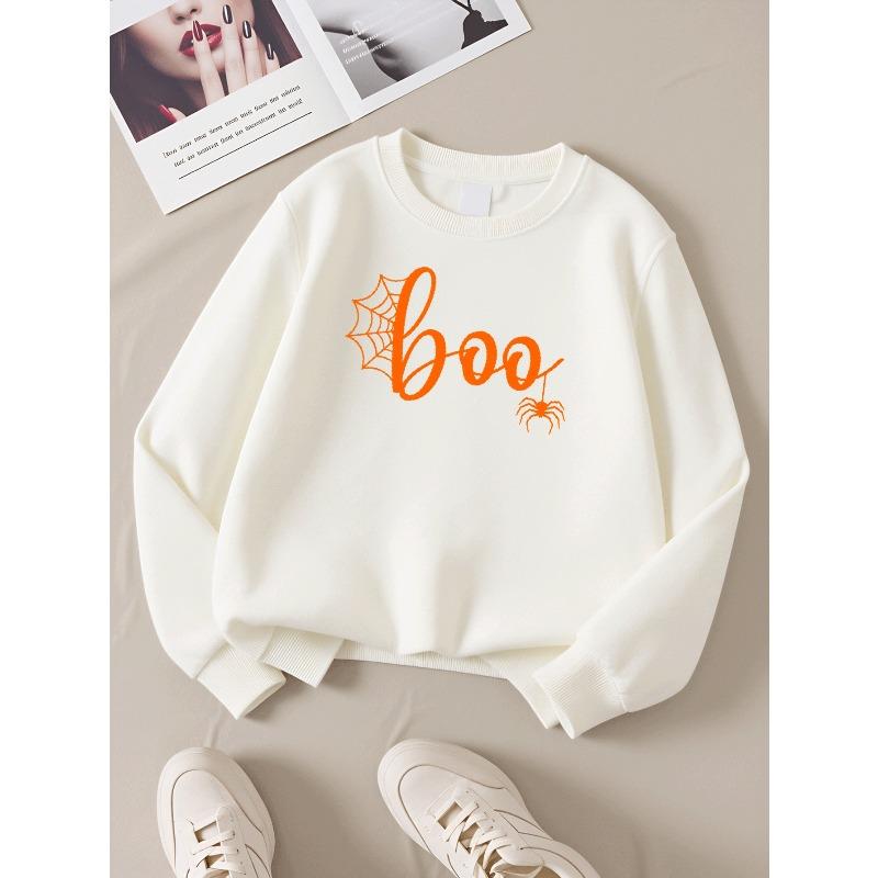 Boo Spider Web Halloween Design 2026 New Girls' Long-sleeve Casual Crewneck Sweatshirt, Suitable for Outdoor Sports and