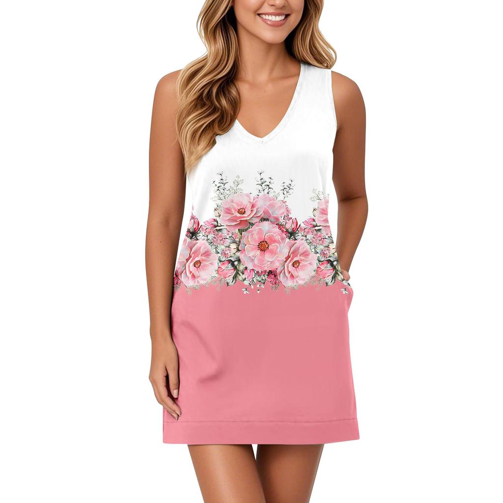 Women's V-neck Sundress Sleeveless Casual Floral Print Dress With Pockets