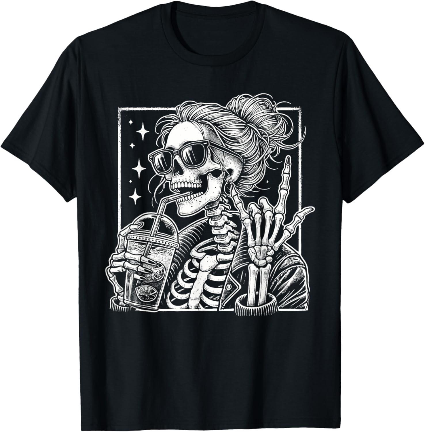 Coffee Messy Bun Hair Skeleton Mom Halloween Womens Girls T-Shirt S