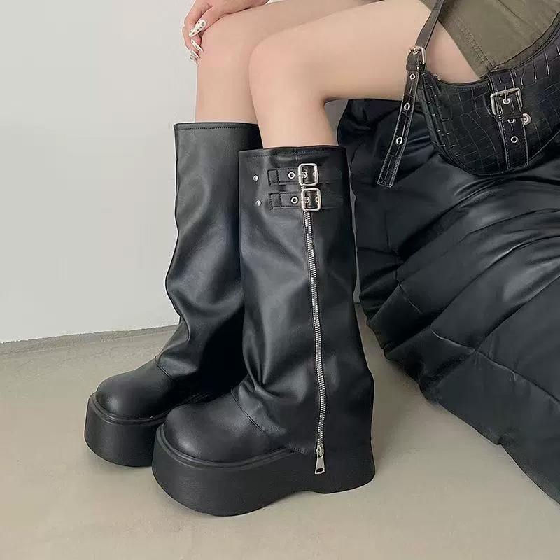 Women Round Toe Thick Soled Belt Buckle Winter Mid Calf Boots Winter Autumn Motorcycle Boot Soft Leather Side Zip