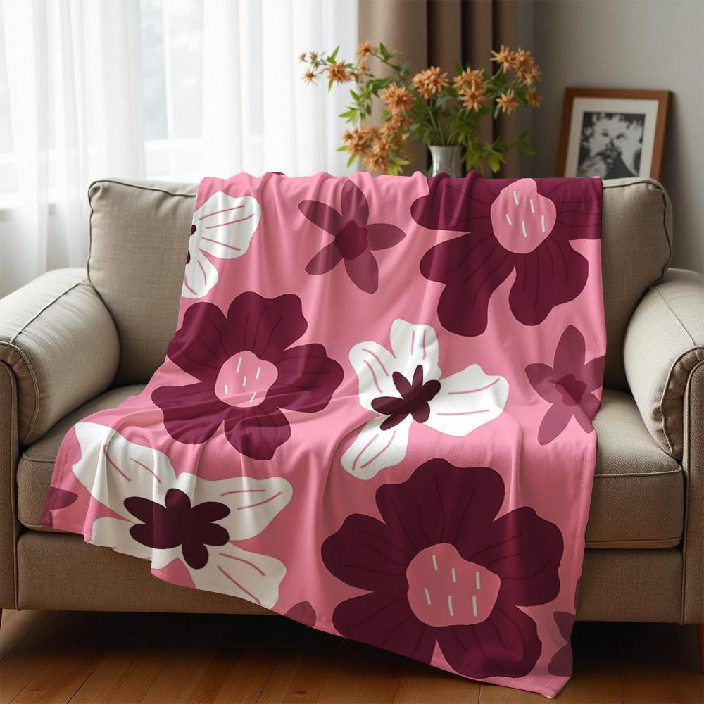 Pink Base Maroon Sketch Floral Cartoon Anime Print Flannel Blanket Soft Warm Throw for Kids Bedroom Sofa Christmas Office Car