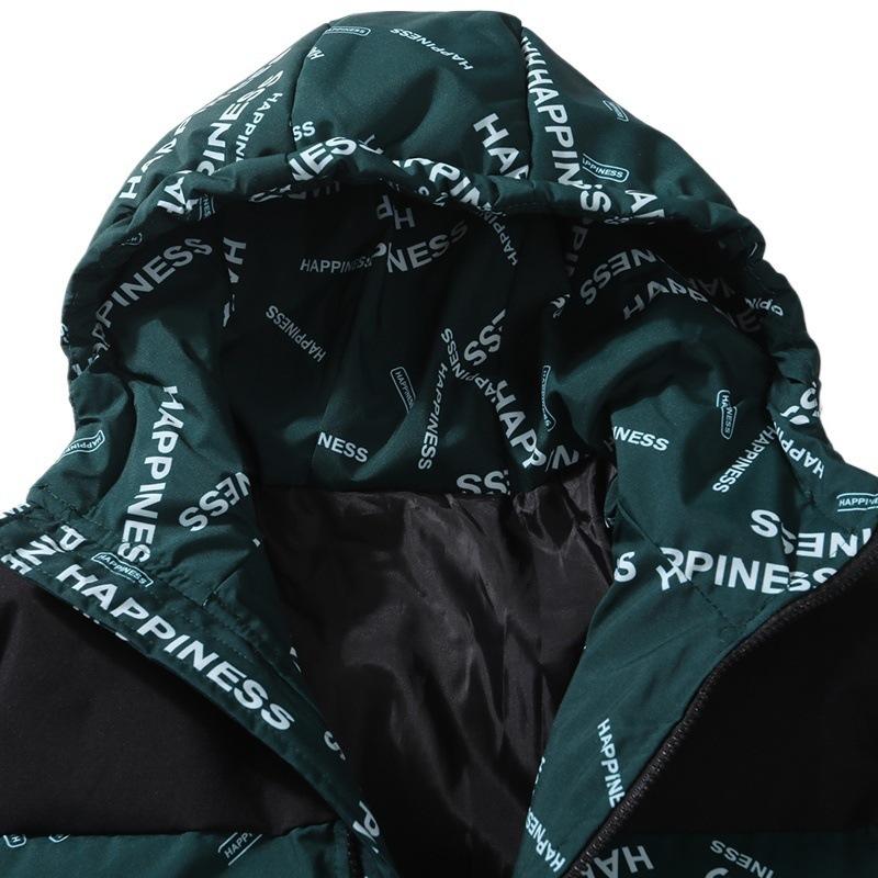 Autumn and Winter Hooded Color Blocked Men's Letter Jacket Cotton Jacket Loose and Warm Couple Cotton Jacket