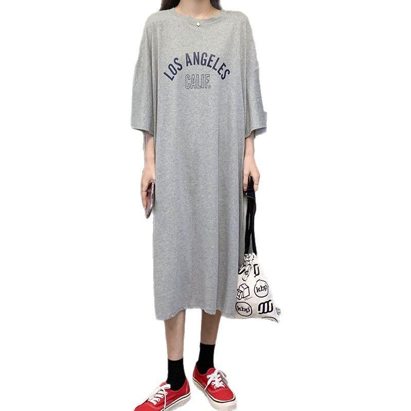 Women's Korean Style Cotton Short-Sleeve Loose Casual Plus Size Long Dress for Summer Maternity and Nightwear