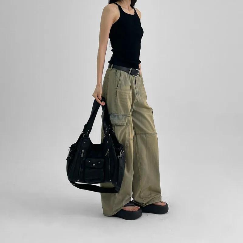 Women's Fashion Washed Distressed Y2K Hot Girl Motorcycle Bag Large Capacity Multi-pocket Shoulder Crossbody Handbag