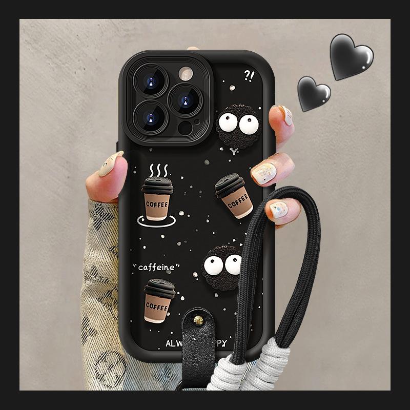 Coal Ball Coffee Doll Lanyard Suitable for Apple 16PRO Mobile Phone Case 15/14 Matte Silicone 13 Fine Hole Anti-fall XS