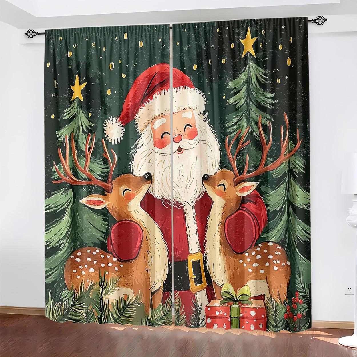 

2Pcs Christmas Curtains - Santa & Reindeer Print, Light Filtering Polyester Drapes For Bedroom, Living Room, Office Decor - Rod 53x116cm 2pc21x46in&Without mount