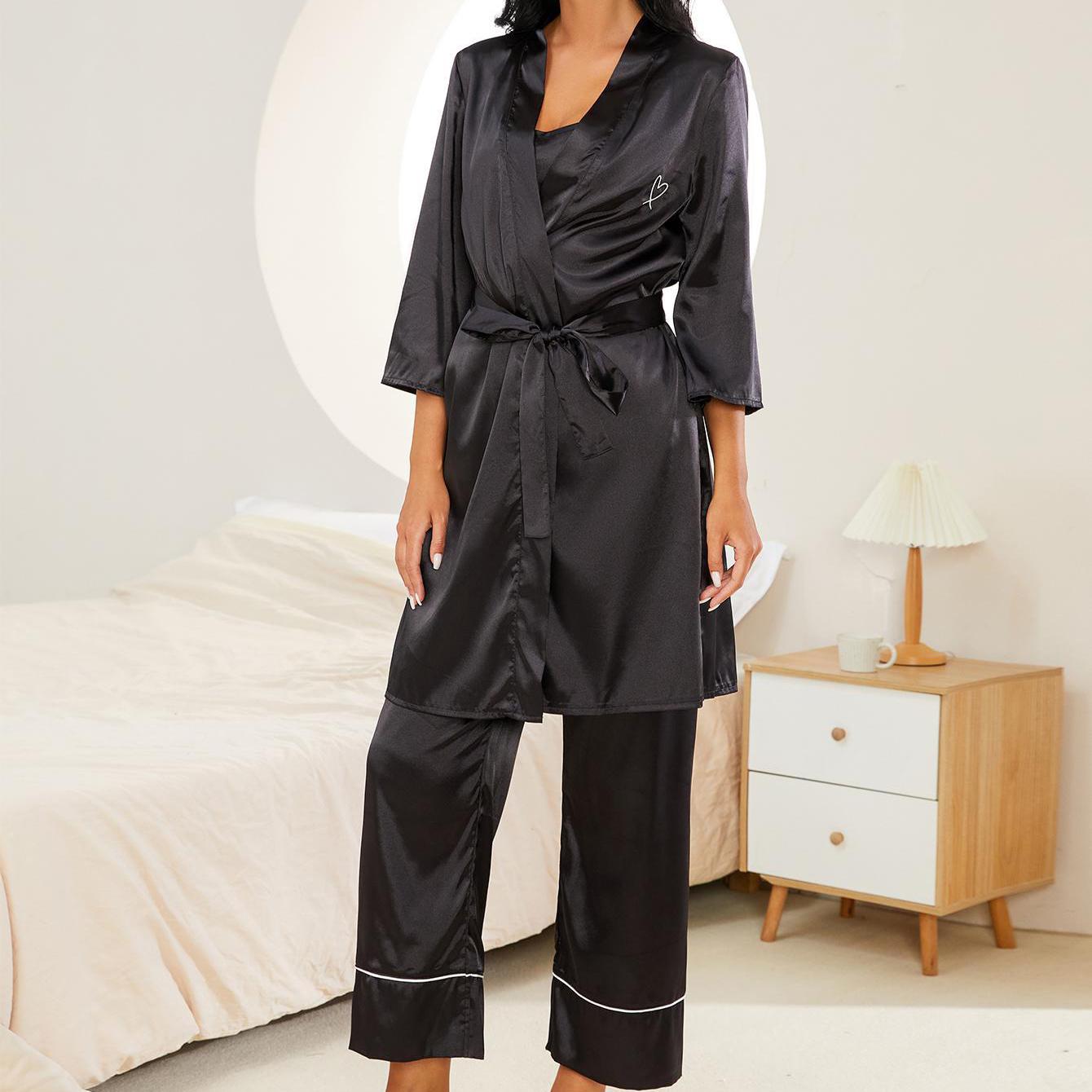 

Женские атласные пижамы из трех предметов, ночной халат, рубашка на бретельках, длинные брюки, весенне-осенняя одежда для отдыха, черные ночные рубашки XL чёрный